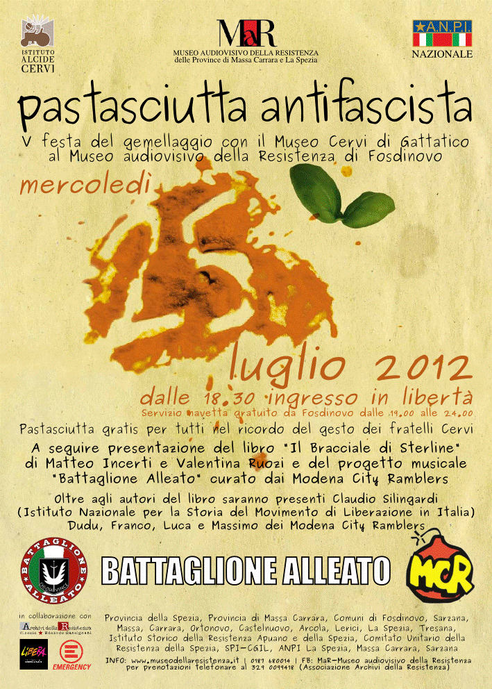 Pastasciutta antifascista mercoledì 25 luglio Fosdinovo (MS), musica e memoria.